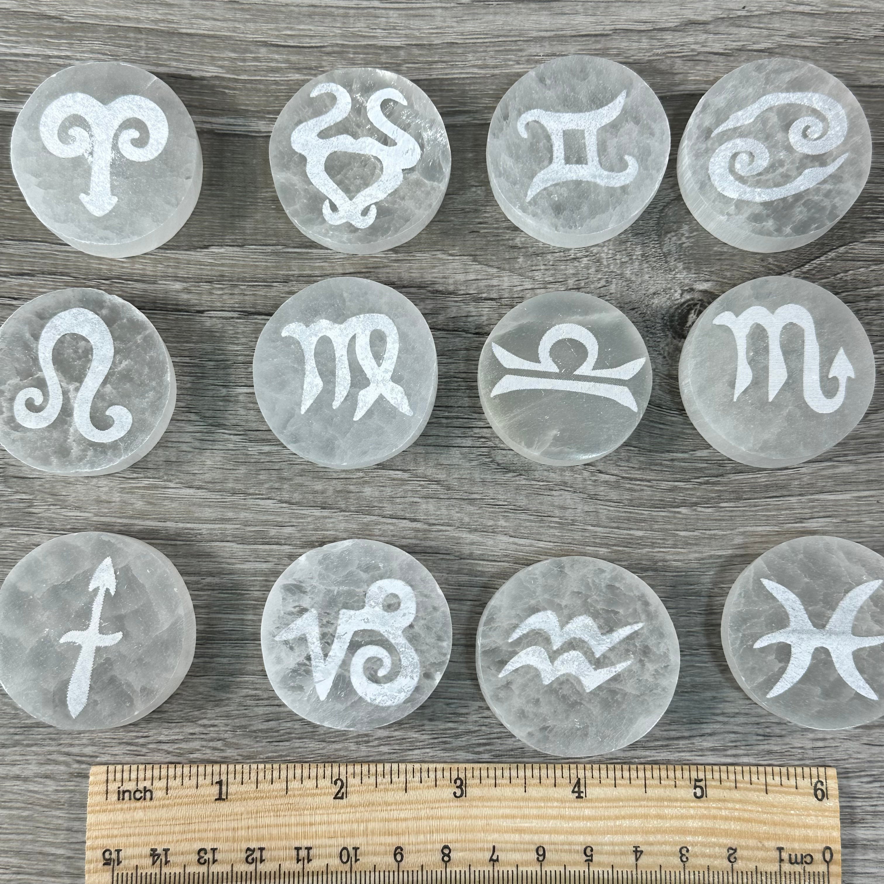 Zodiac Selenite Disc – Engraved Cleansing & Astrology Energy Work