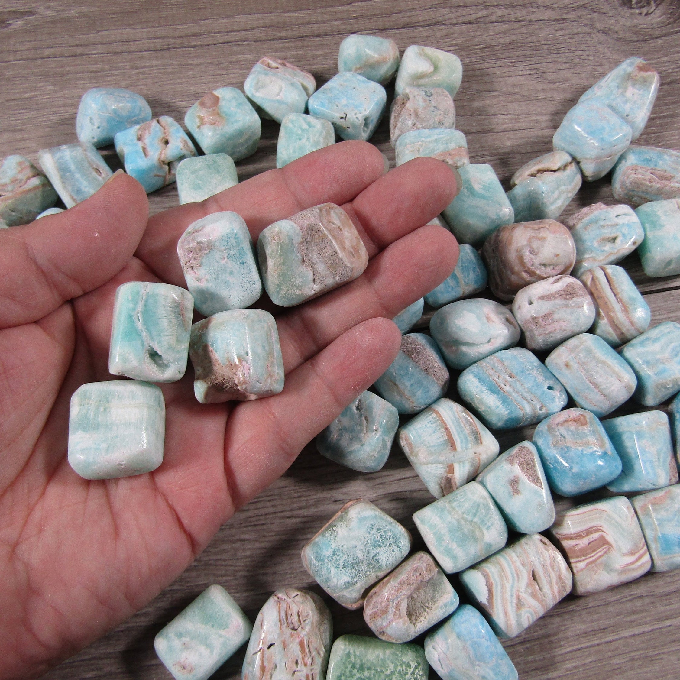 Caribbean Blue Aragonite Tumbled Stones in Bulk.
