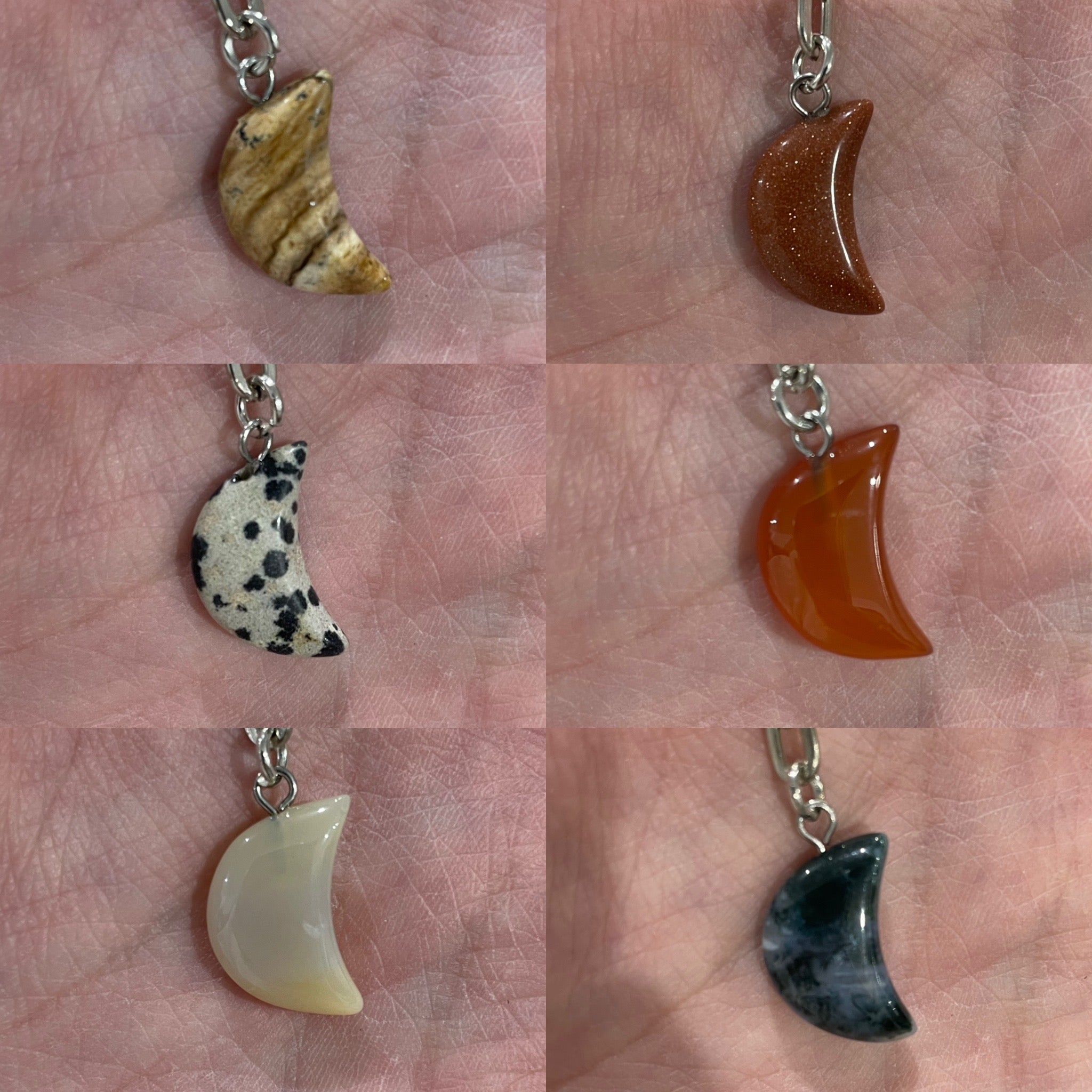 Assorted moon gemstone keychains with metal keyrings perfect for wholesale.