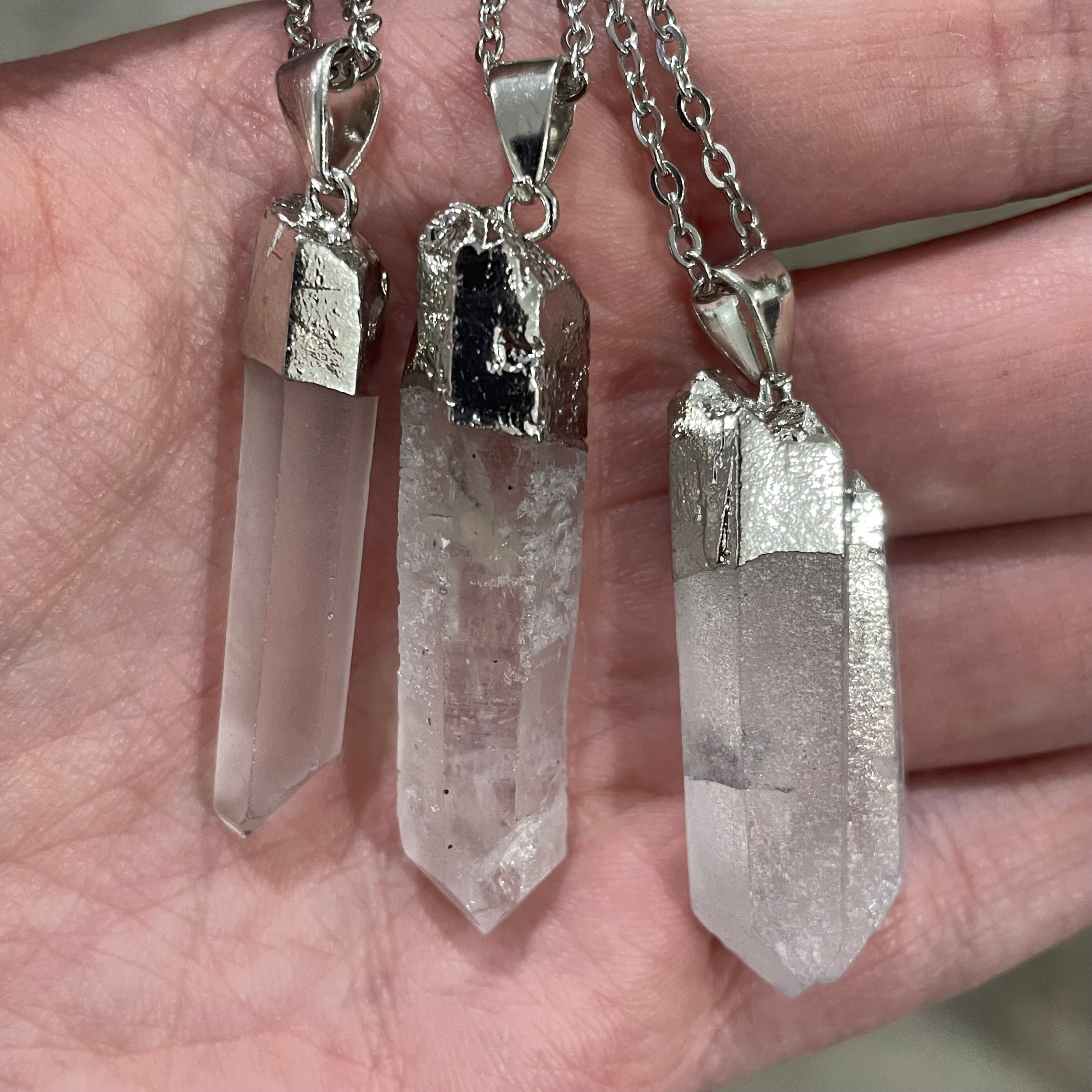 Electroplated clear quartz pendant with stainless steel chain wholesale