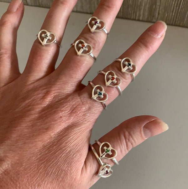 Sterling Silver Ring Heart Cross - Assorted Gemstones
