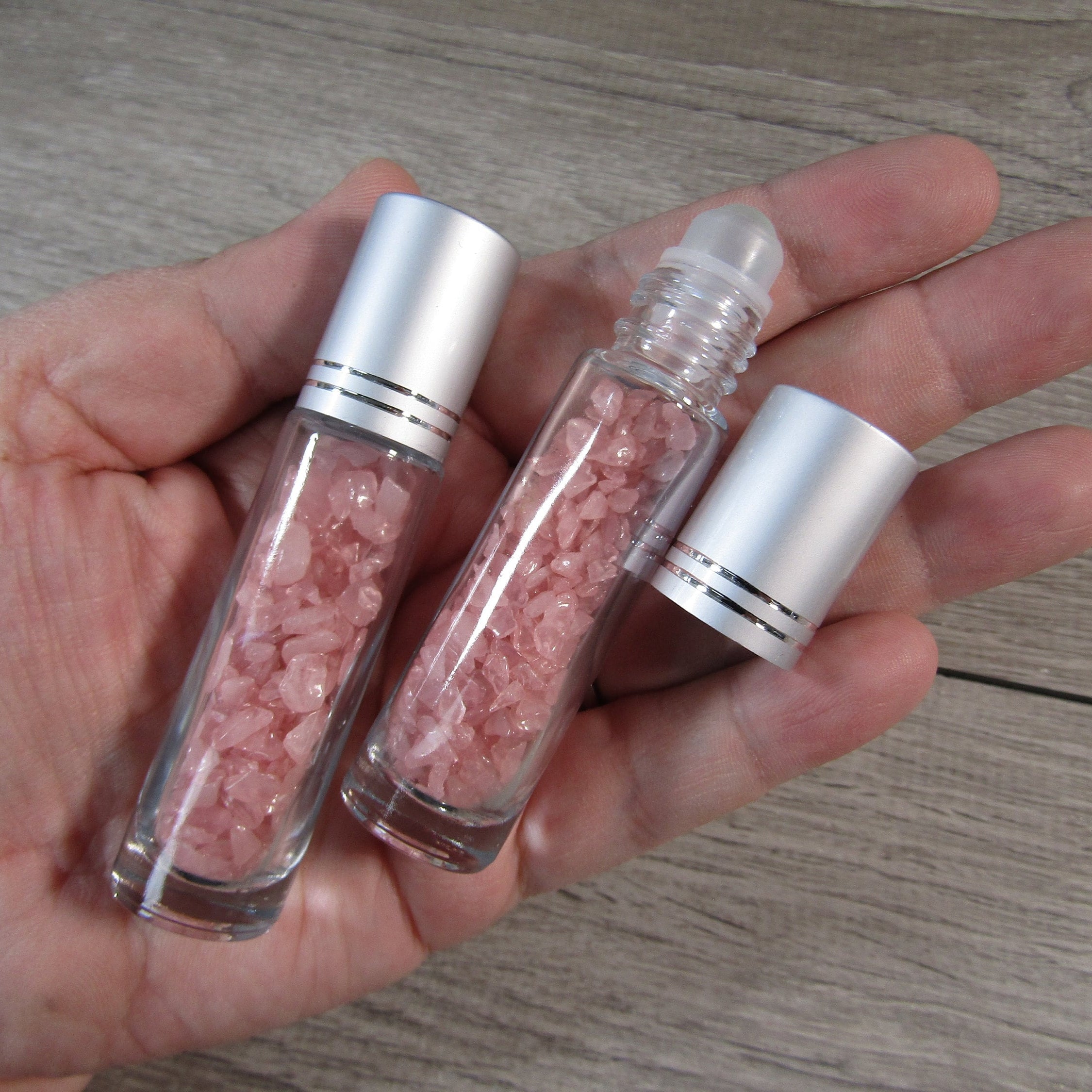 rose quartz aromatherapy roller bottles with caps