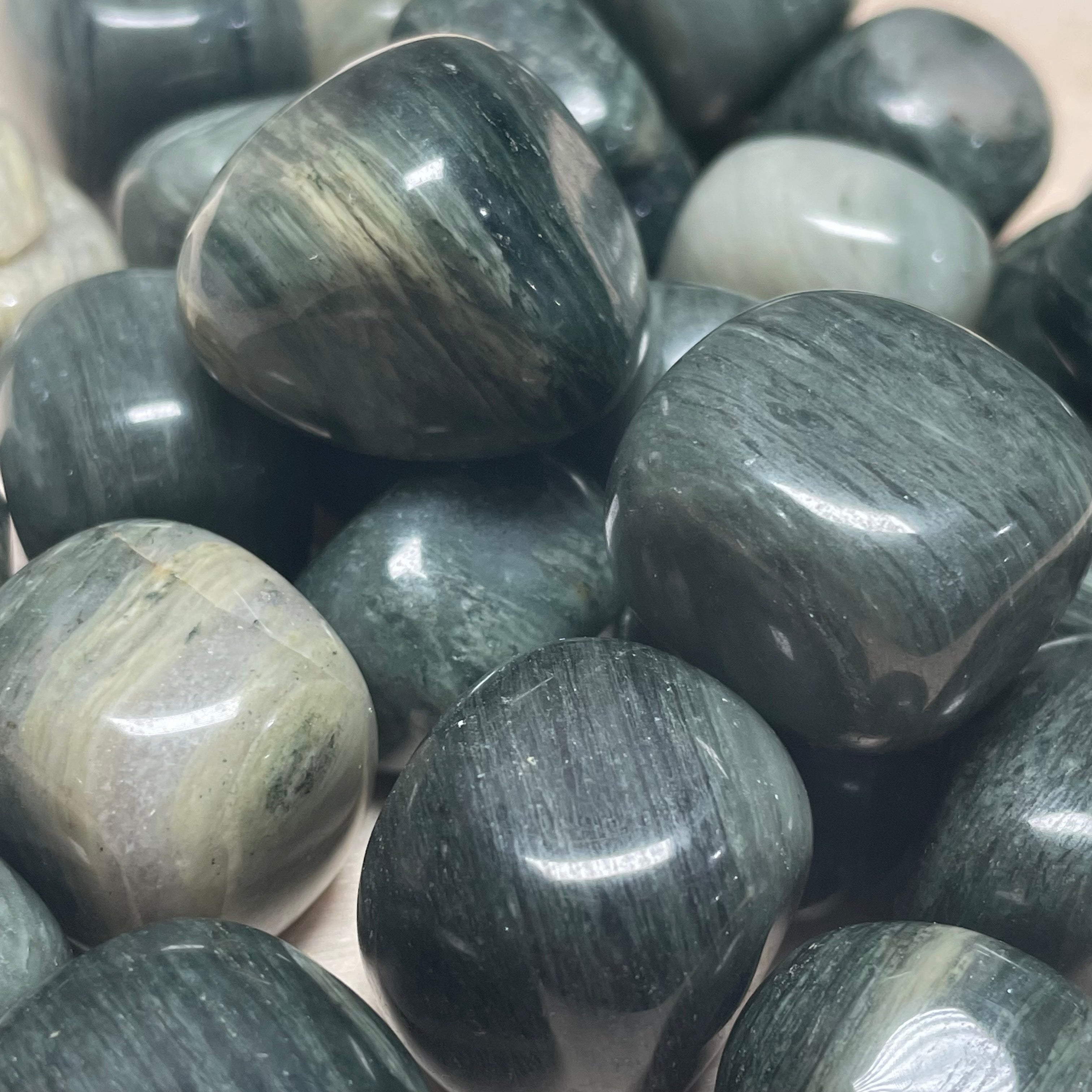 Bulk Green Hair Jasper tumbled stones with earthy green patterns