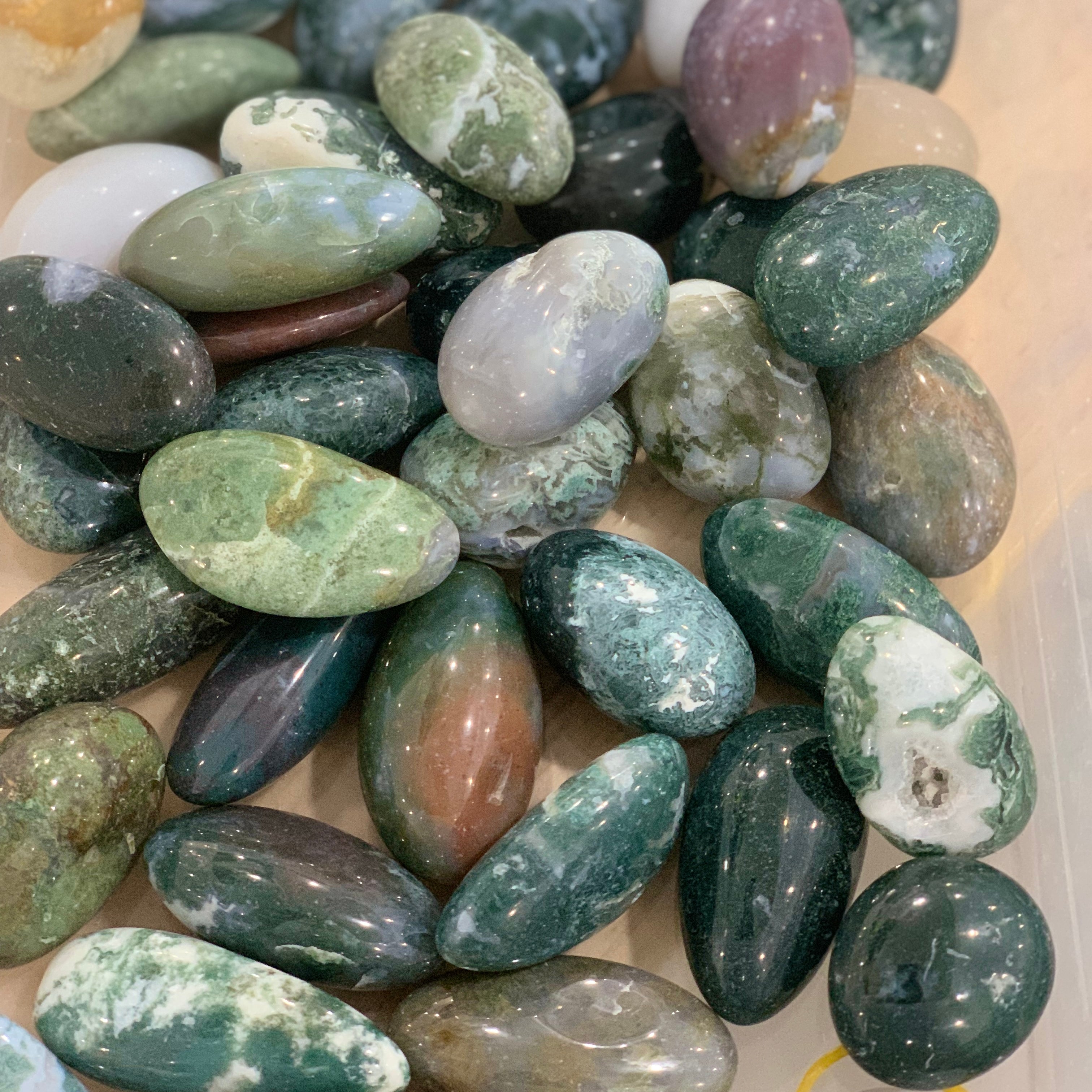 Moss Agate medium tumbled stones 1 lb bag wholesale for crystal shops