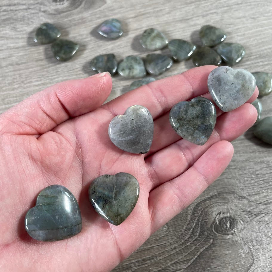 **1-inch labradorite heart stones with natural blue flash and polished gemstone finish for wholesale crystal collections**