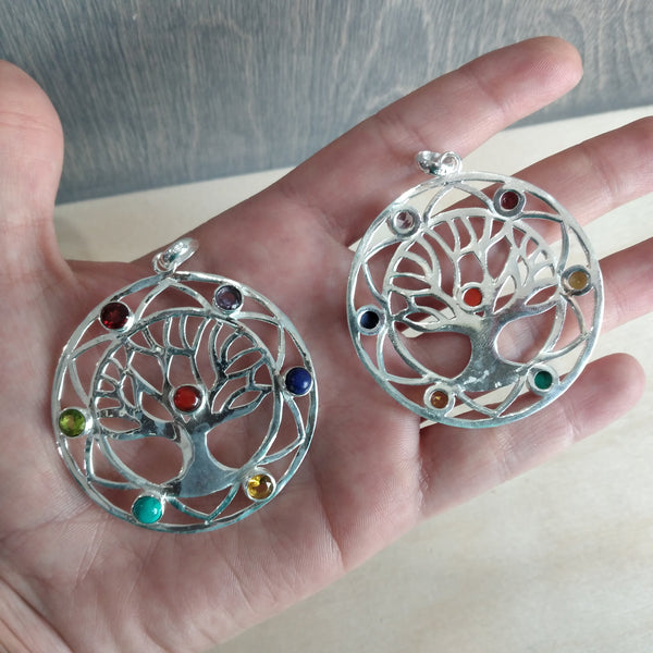 large round tree of life with chakra stones pendants front and back sterling silver