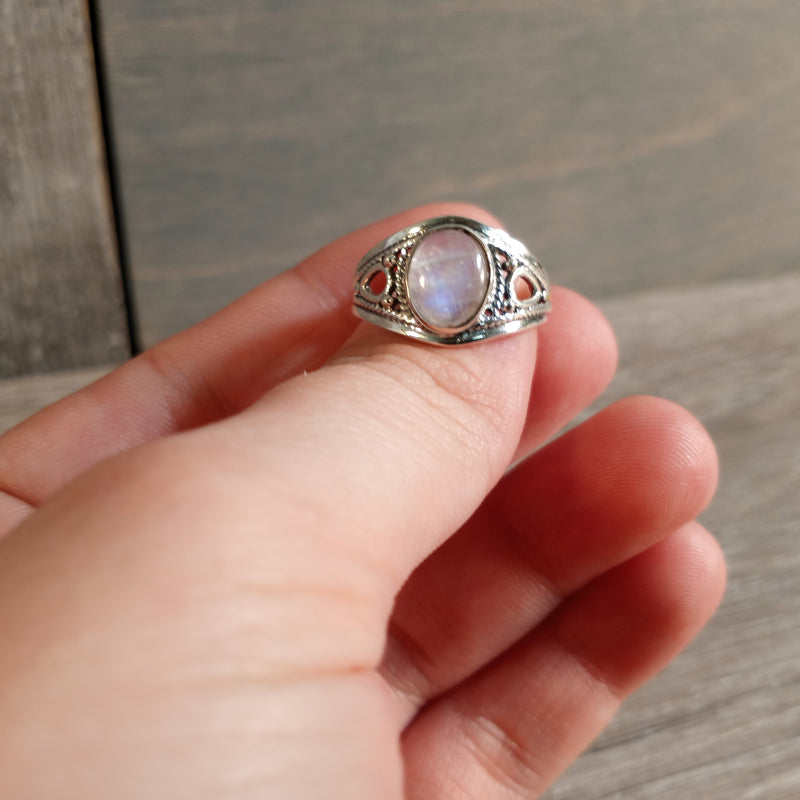 Sterling Silver ring with Boho Statement band and rainbow moonstone center stone