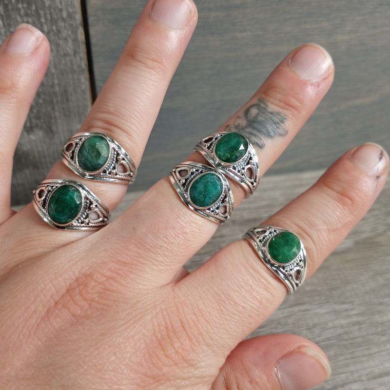 Sterling Silver ring with Boho Statement band and emerald center stone