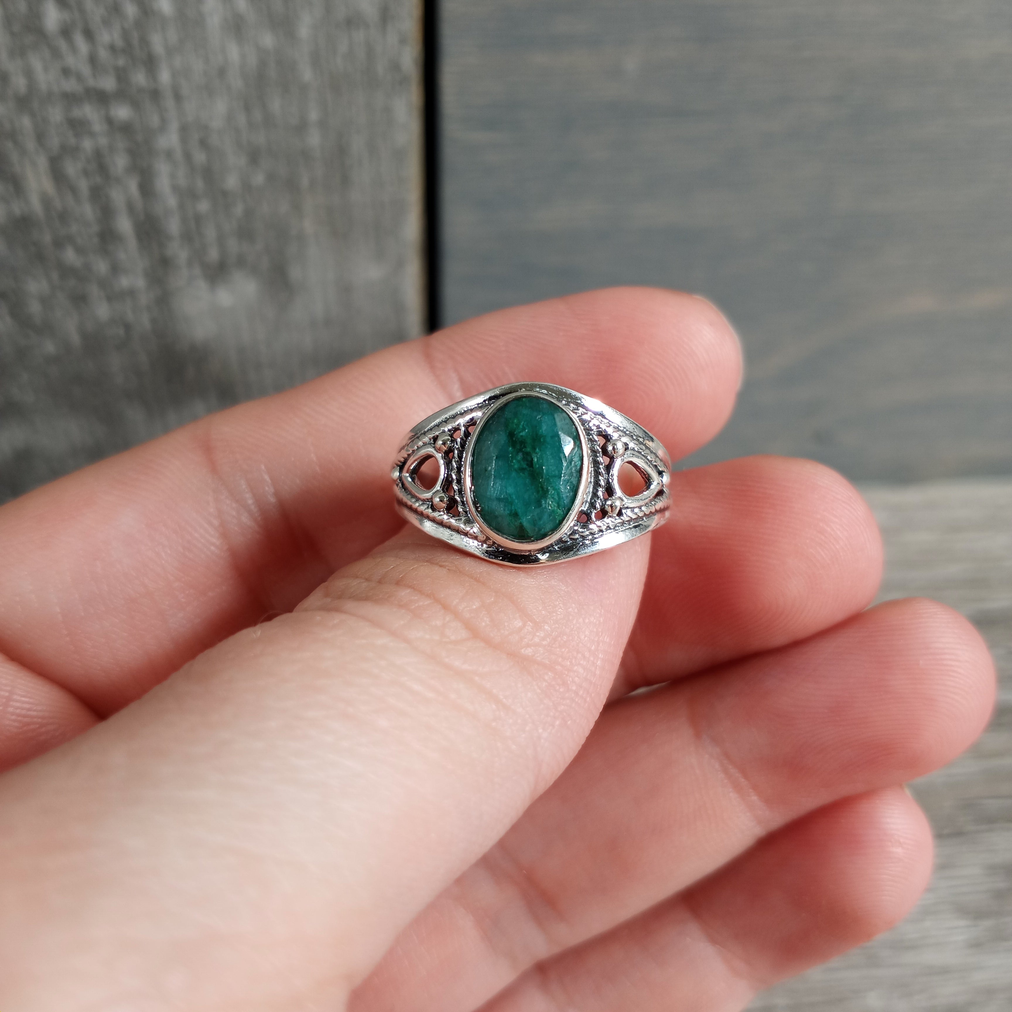 Sterling Silver ring with Boho Statement band and emerald center stone