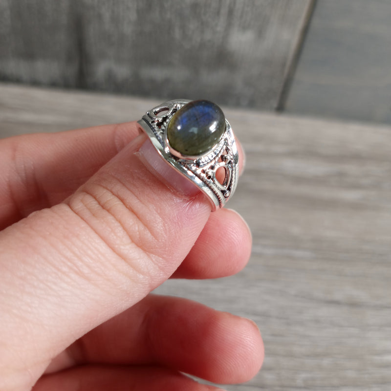 Sterling Silver ring with Boho Statement band and labradorite center stone