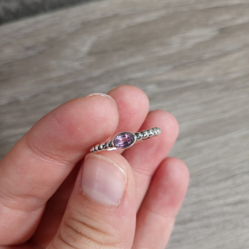  Sterling Silver Ring with stacking oval band and oval shaped amethyst center stone