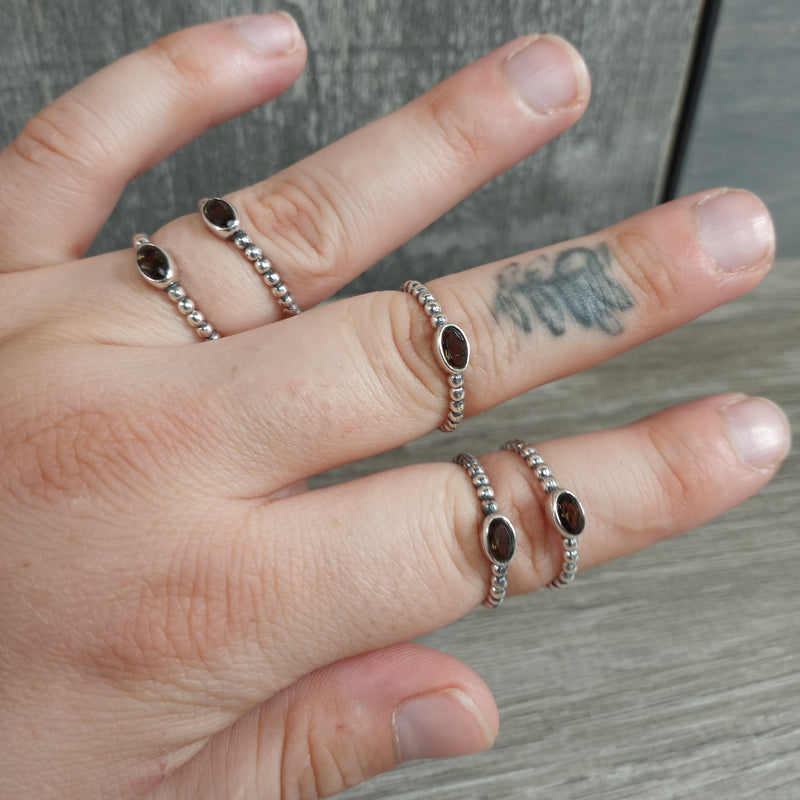  Sterling Silver Ring with stacking oval band and oval shaped smoky quartz center stone