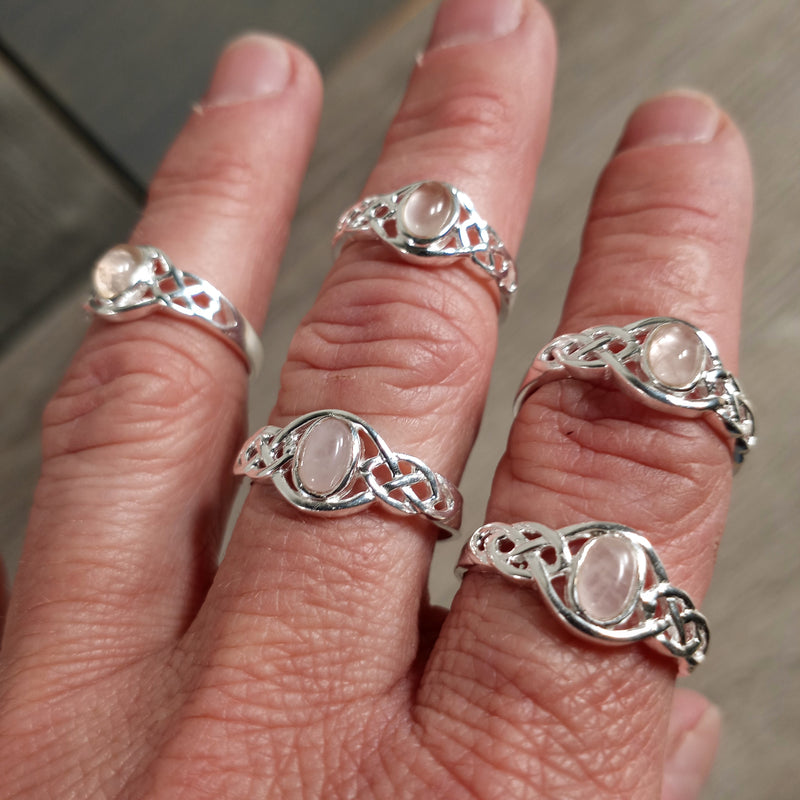 Sterling Silver Ring with Celtic Double Trinity band and rose quartz center stone