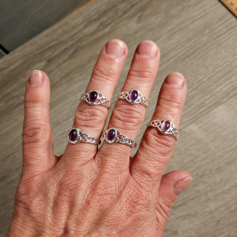 Sterling Silver Ring with Celtic Double Trinity band and amethyst center stone