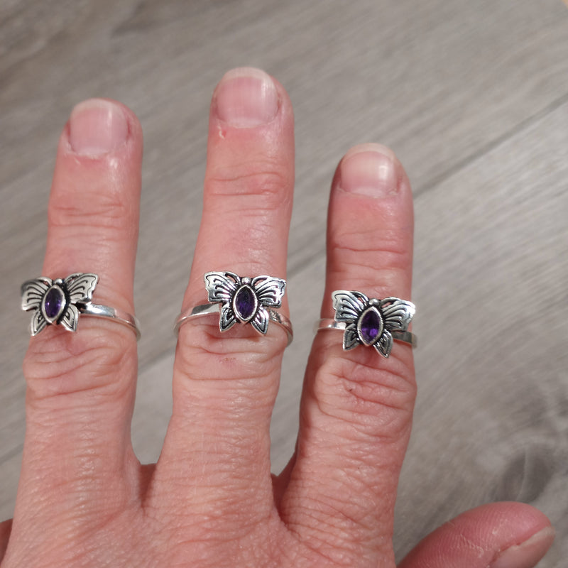 Sterling Silver Ring with Butterfly setting and amethyst center stone