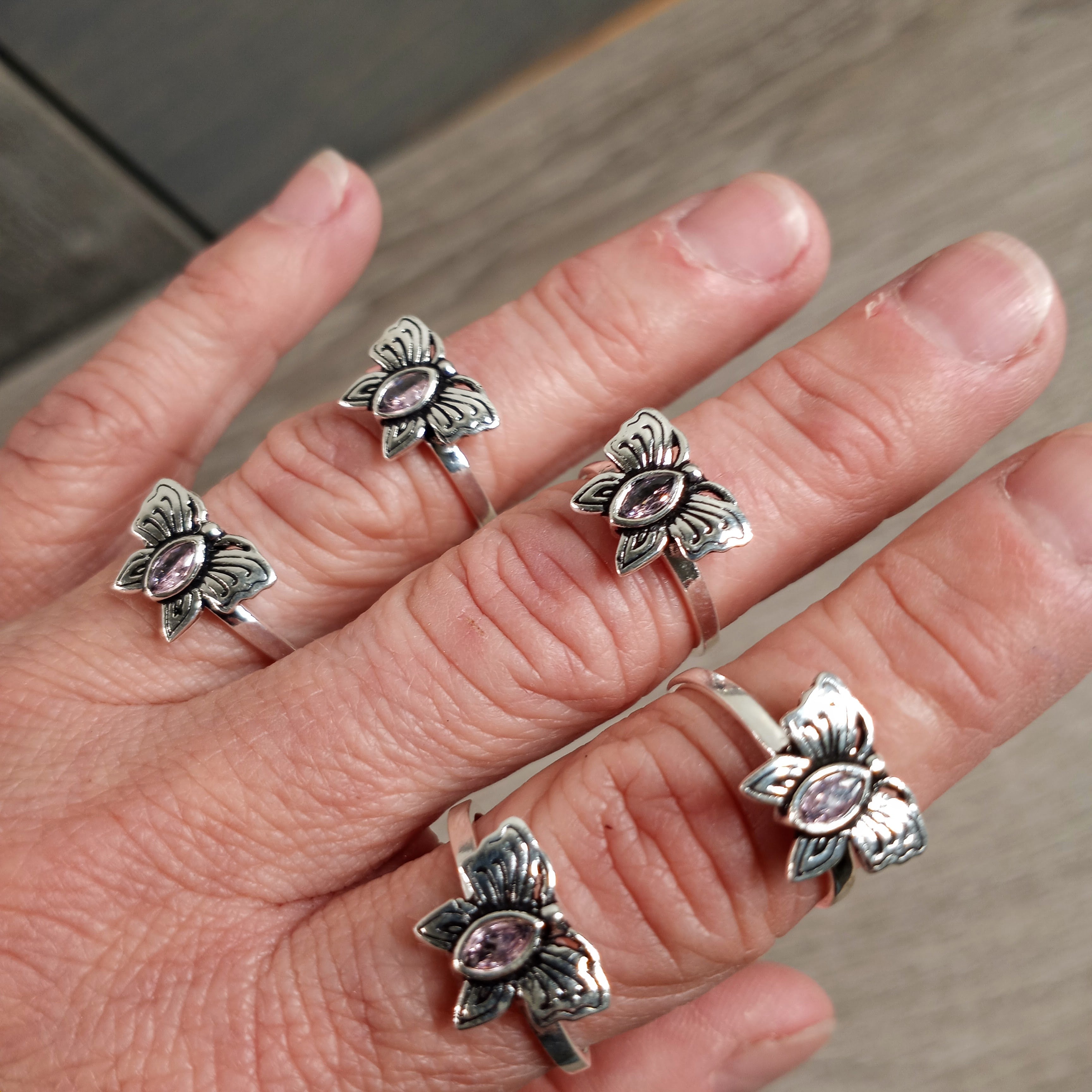 Sterling Silver Ring with Butterfly setting and rose quartz center stone