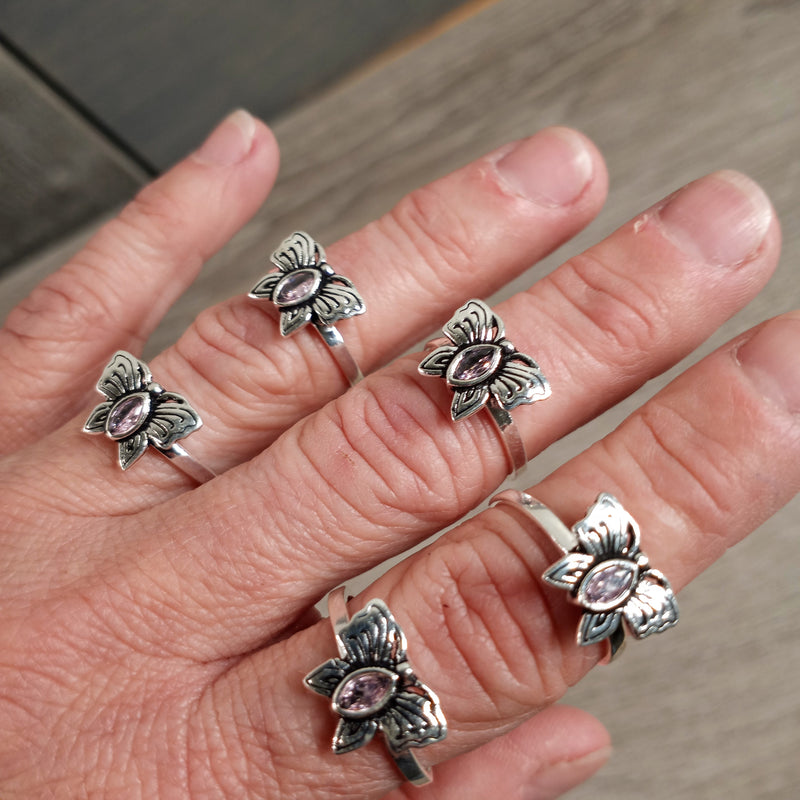 Sterling Silver Ring with Butterfly setting and rose quartz center stone