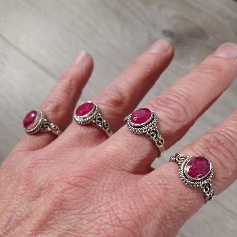 Sterling Silver Ring with 925 Victorian Double Swirl band and ruby center stone