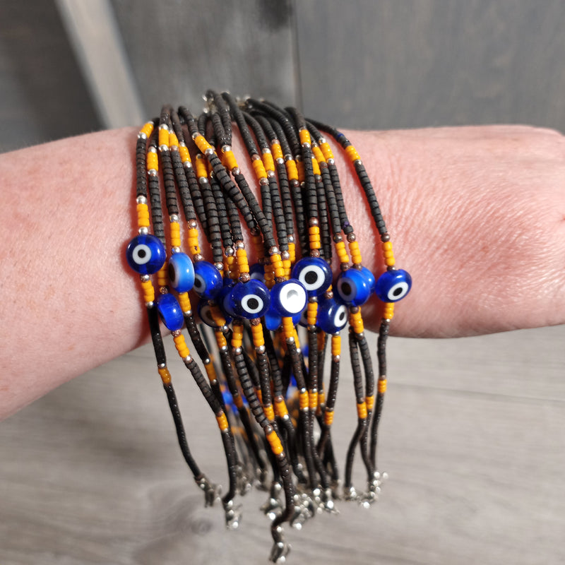 Wooden Bracelet Beaded with Lobster Claw Evil Eye