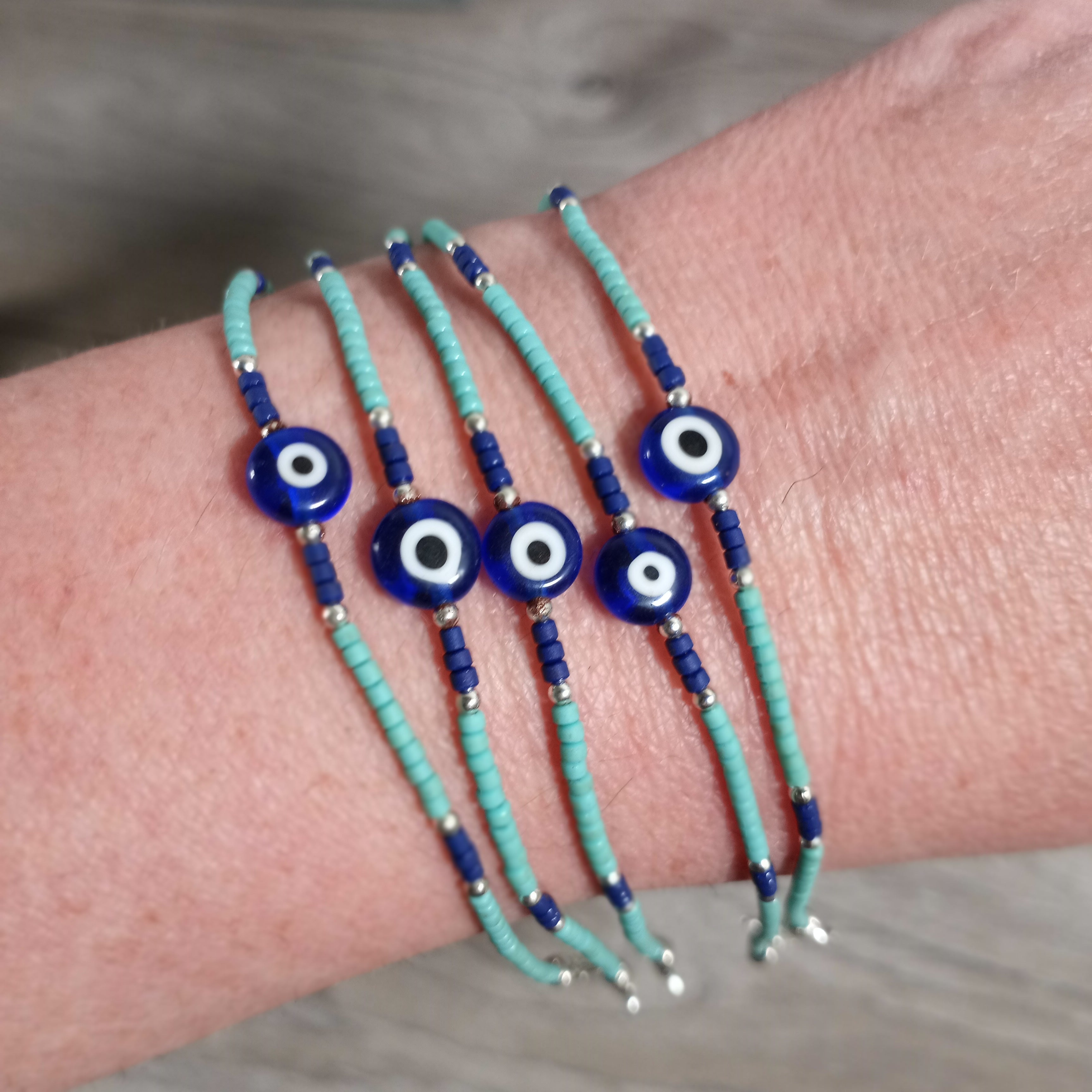 Wooden Bracelet Beaded with Lobster Claw Evil Eye