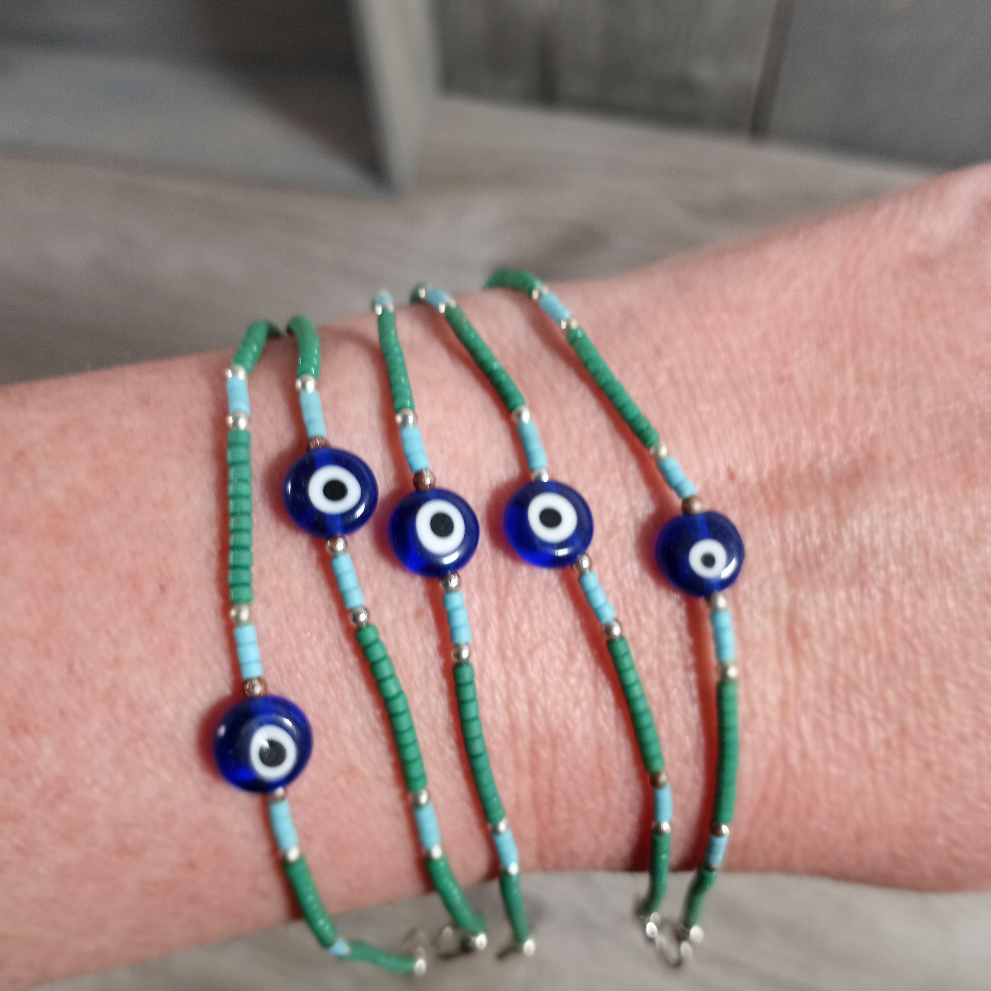 Wooden Bracelet Beaded with Lobster Claw Evil Eye