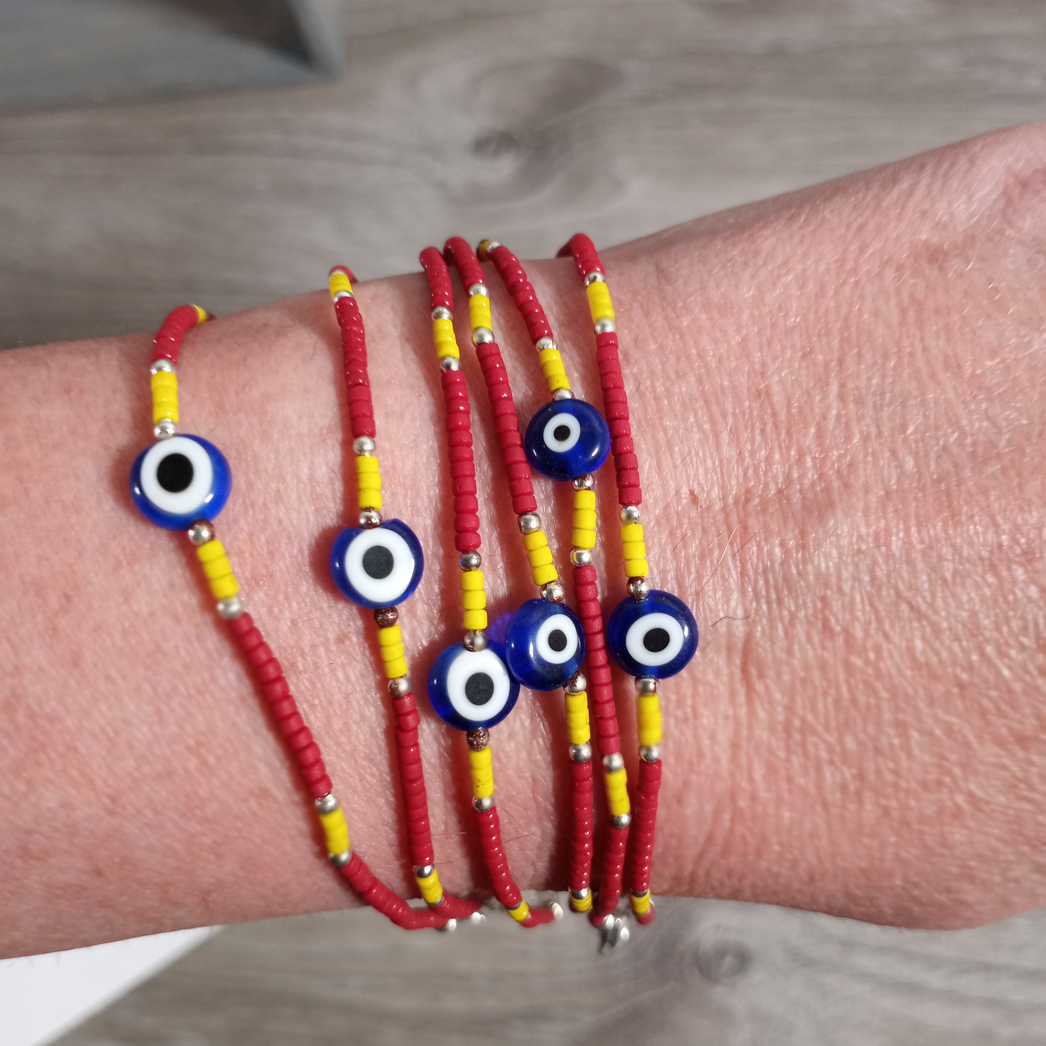 Wooden Bracelet Beaded with Lobster Claw Evil Eye