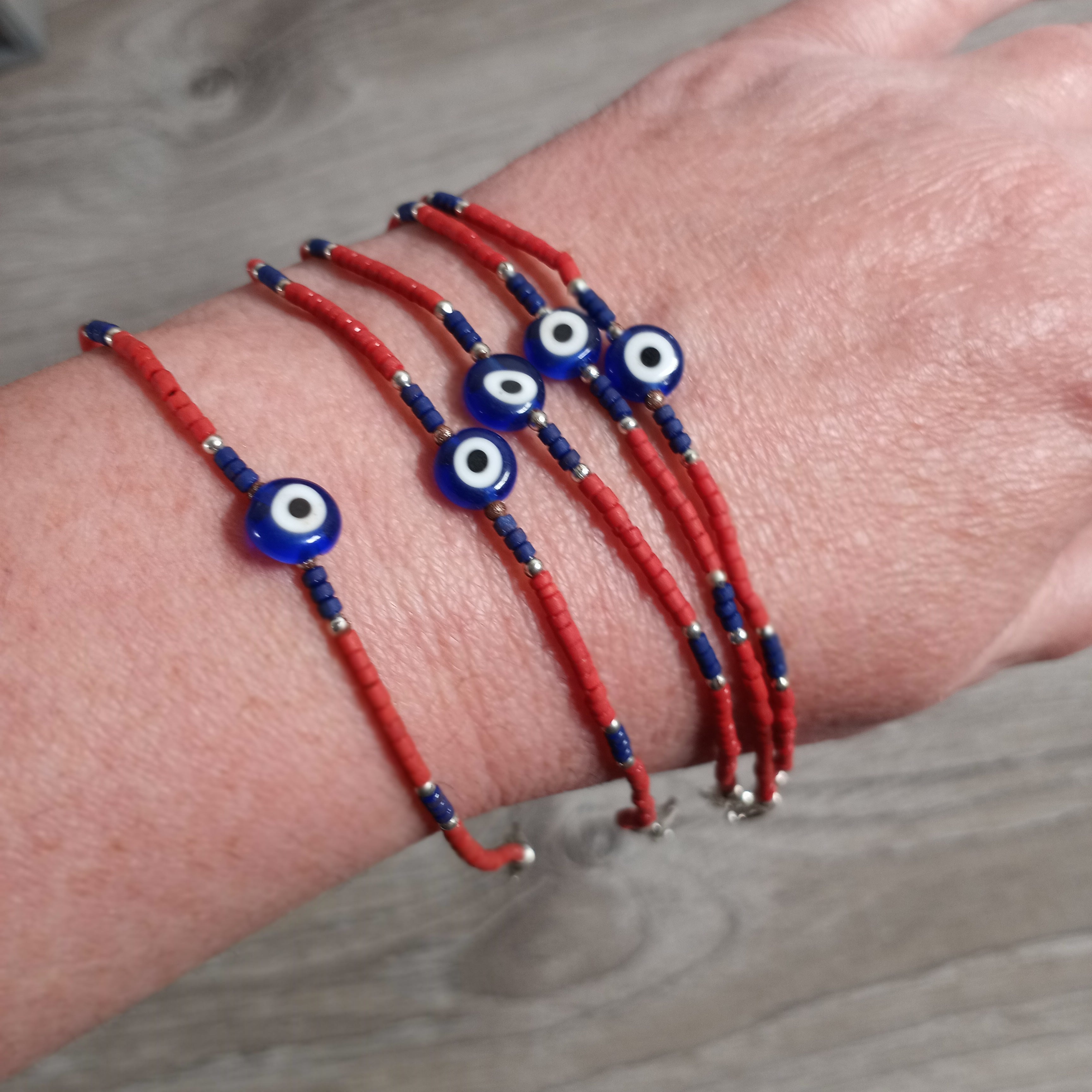 Wooden Bracelet Beaded with Lobster Claw Evil Eye