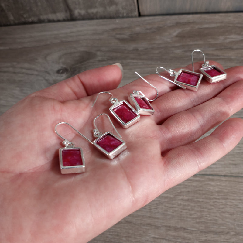 Ruby Earrings Rectangle Sterling Silver 925