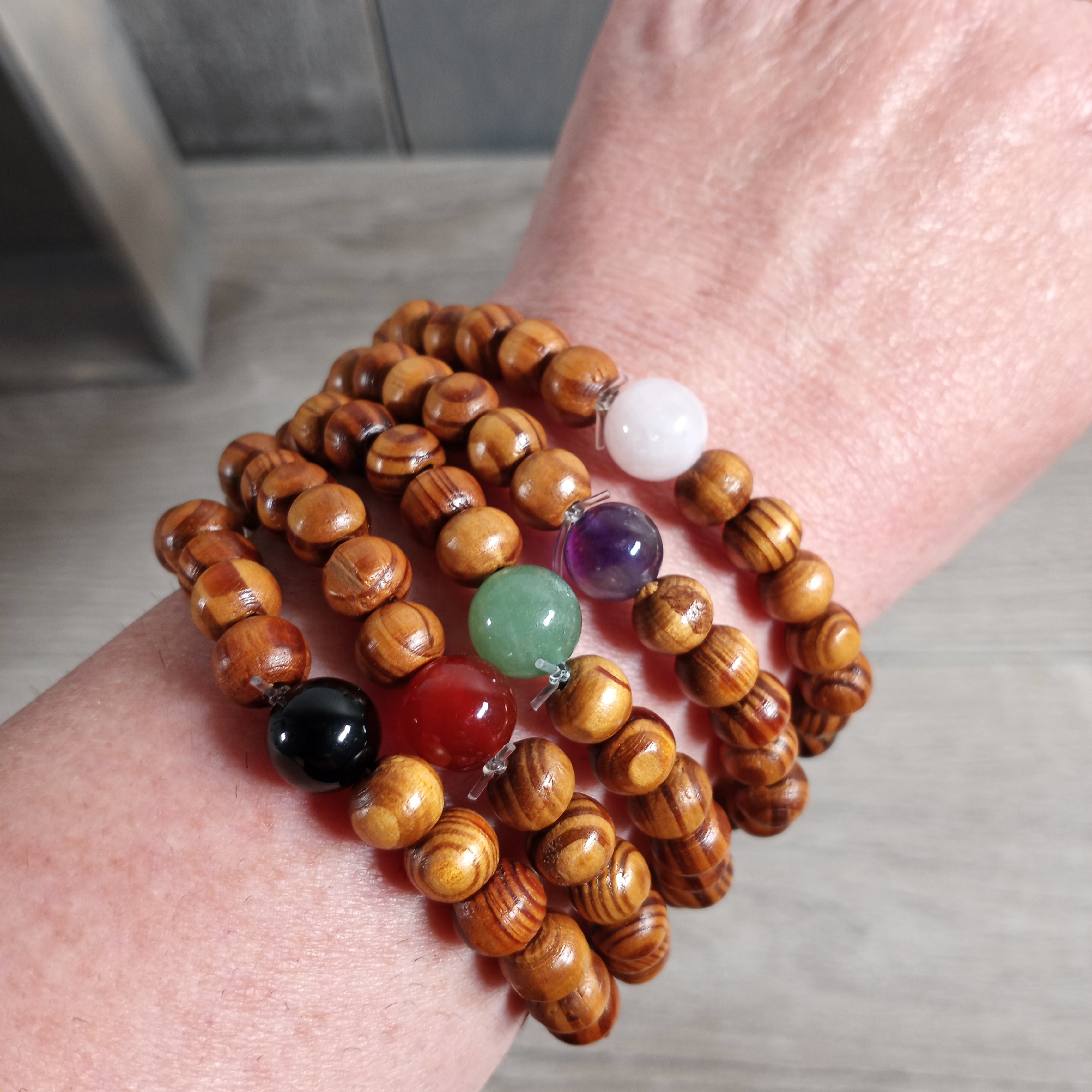 Assorted Gemstone with Wood Beads Bracelet Stretchy String