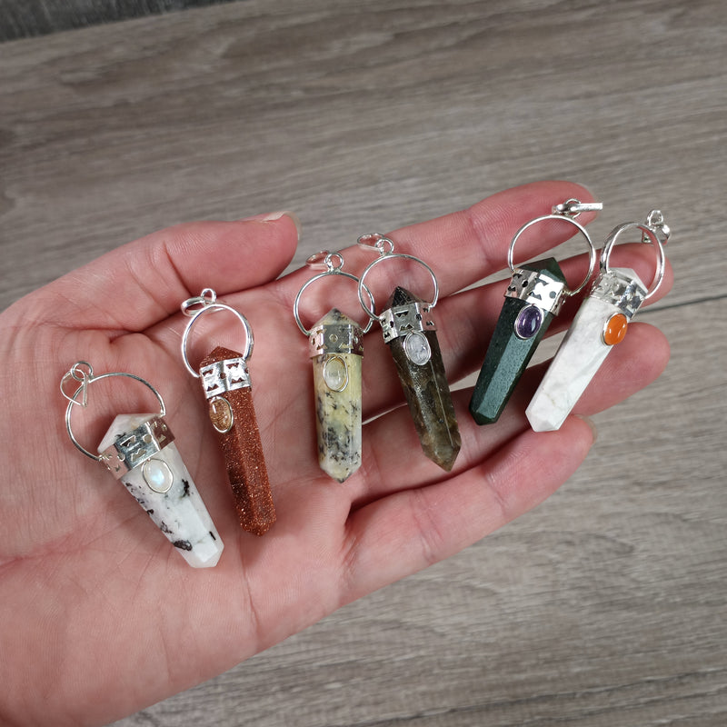 Assorted Gemstone Pendants Terminated with Silver Color Pot Metal