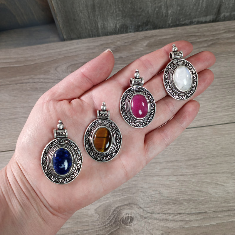 Gemstone Tibetan Style Pendants in Pot Metal