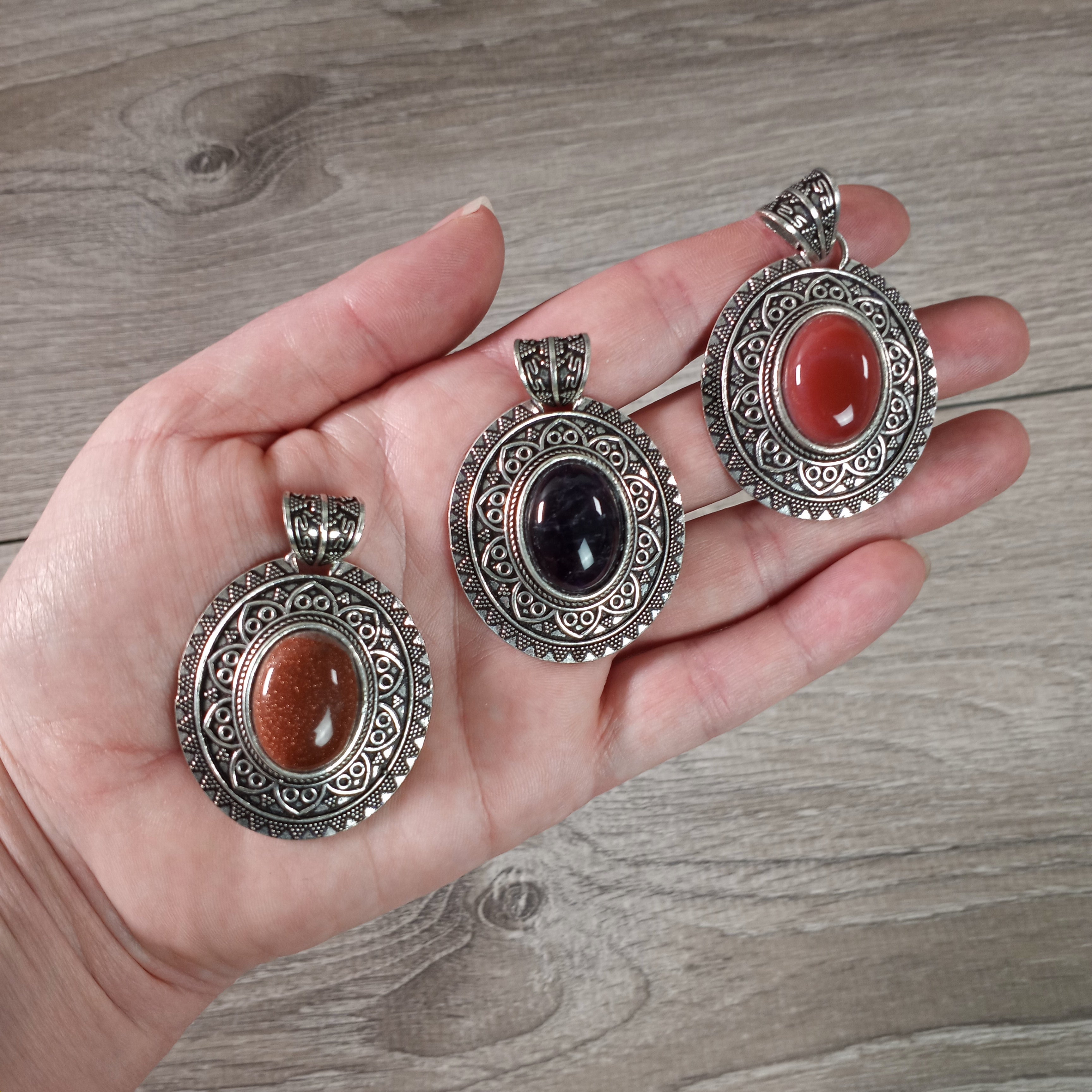 Gemstone Tibetan Style Pendants in Pot Metal