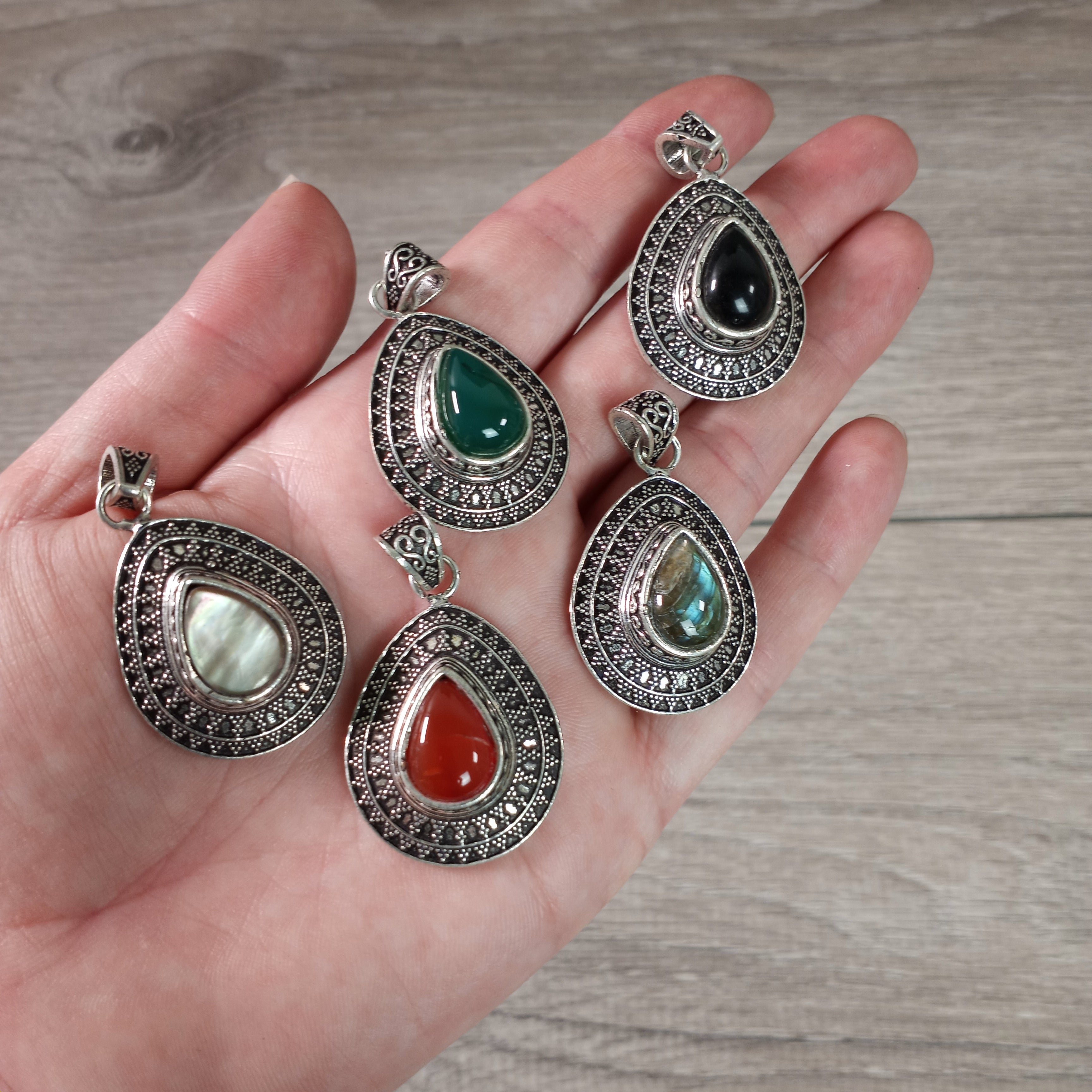 Gemstone Tibetan Style Pendants in Pot Metal