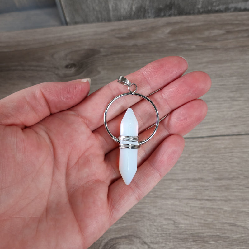 opalite double terminated pendant with a silver color metal