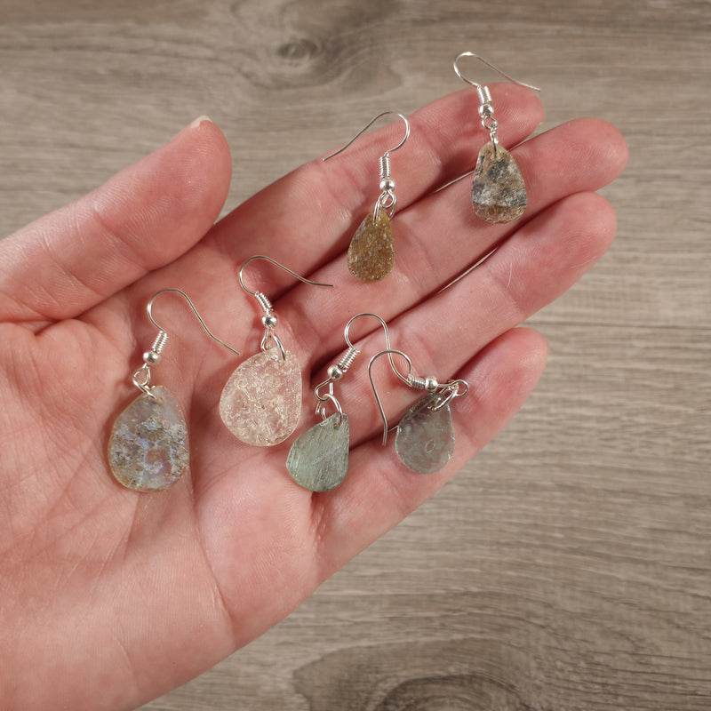 Pairs of Roman glass earrings with vibrant ancient glass and silver hooks