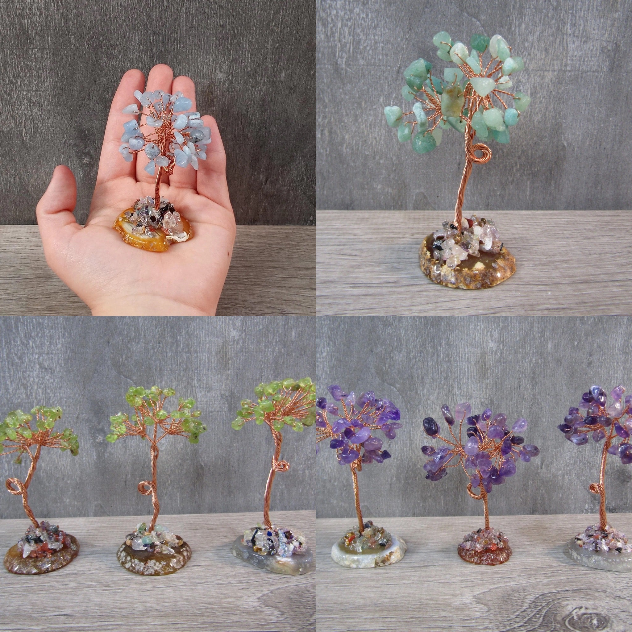 Gemstone and copper trees on an agate base for home decor