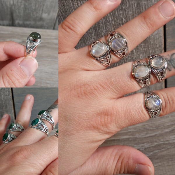 labradorite rainbow moonstone and emerald boho  style wide band sterling silver rings