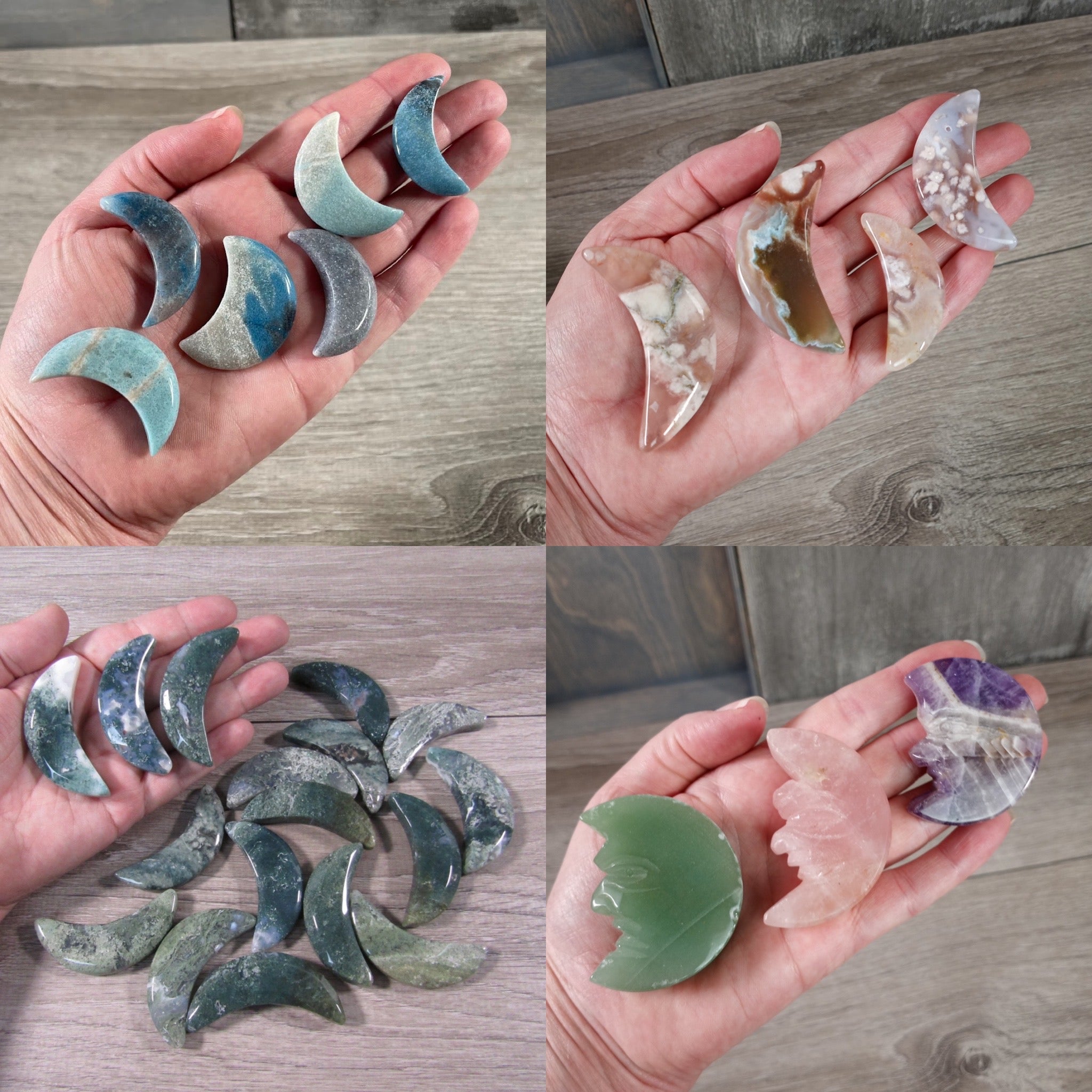 Crescent moon carving in assorted styles and gemstones on display hand