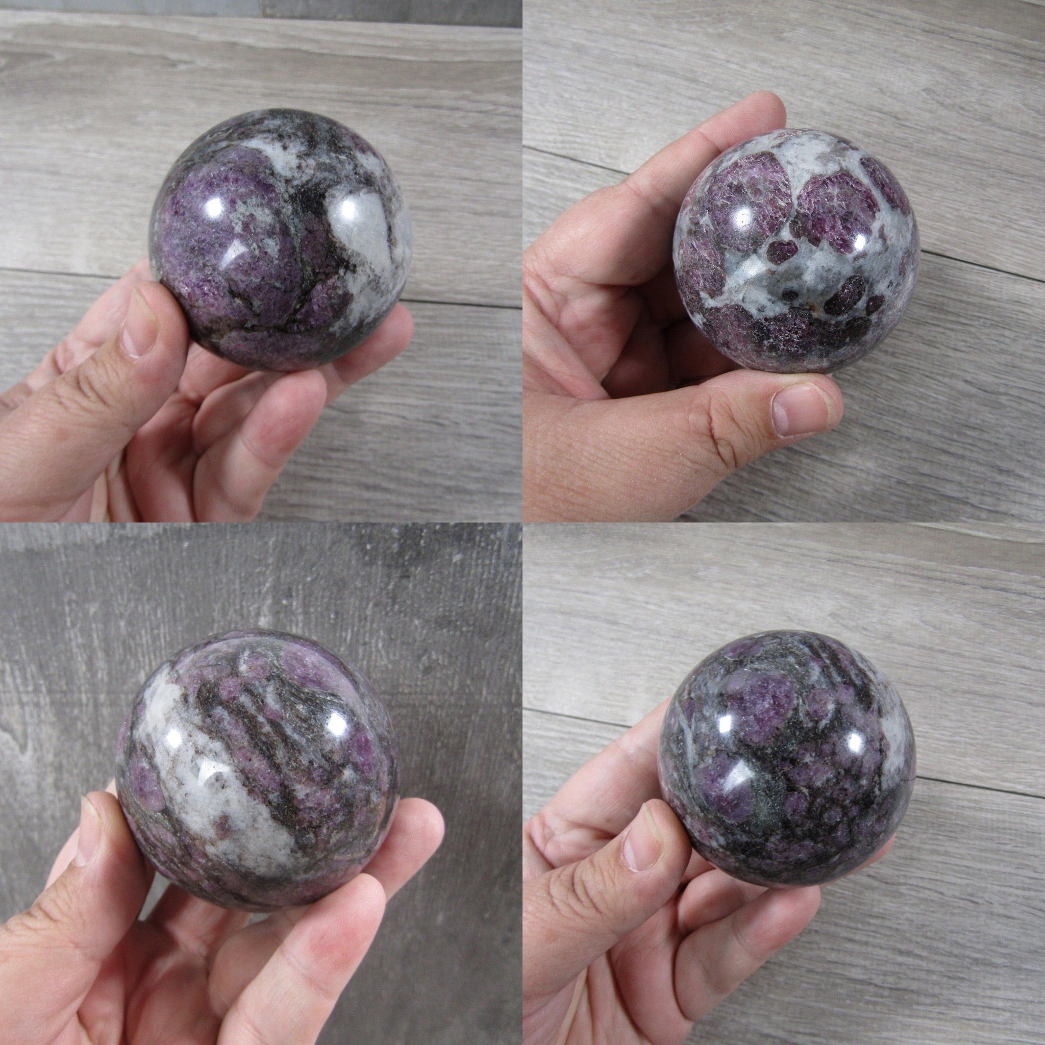 Spinel gemstone spheres held by hands, perfect for home decor.