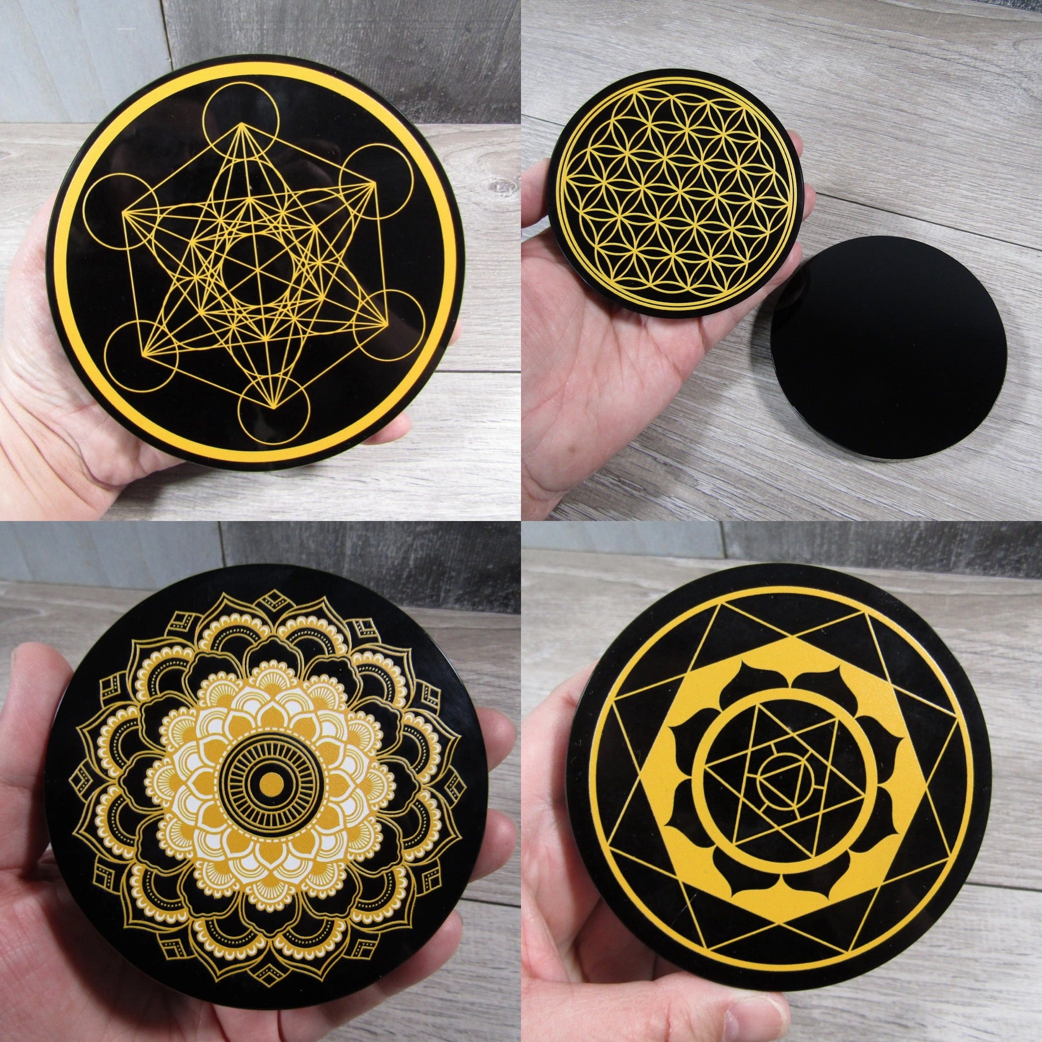 Obsidian etched gridding disks with sacred geometric patterns for crystal alignment