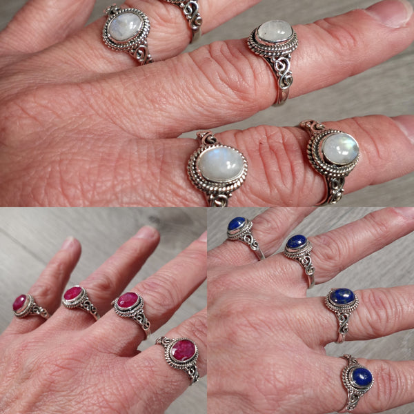 rainbow moonstone ruby and lapis  lazuli rings victorian style in sterling silver