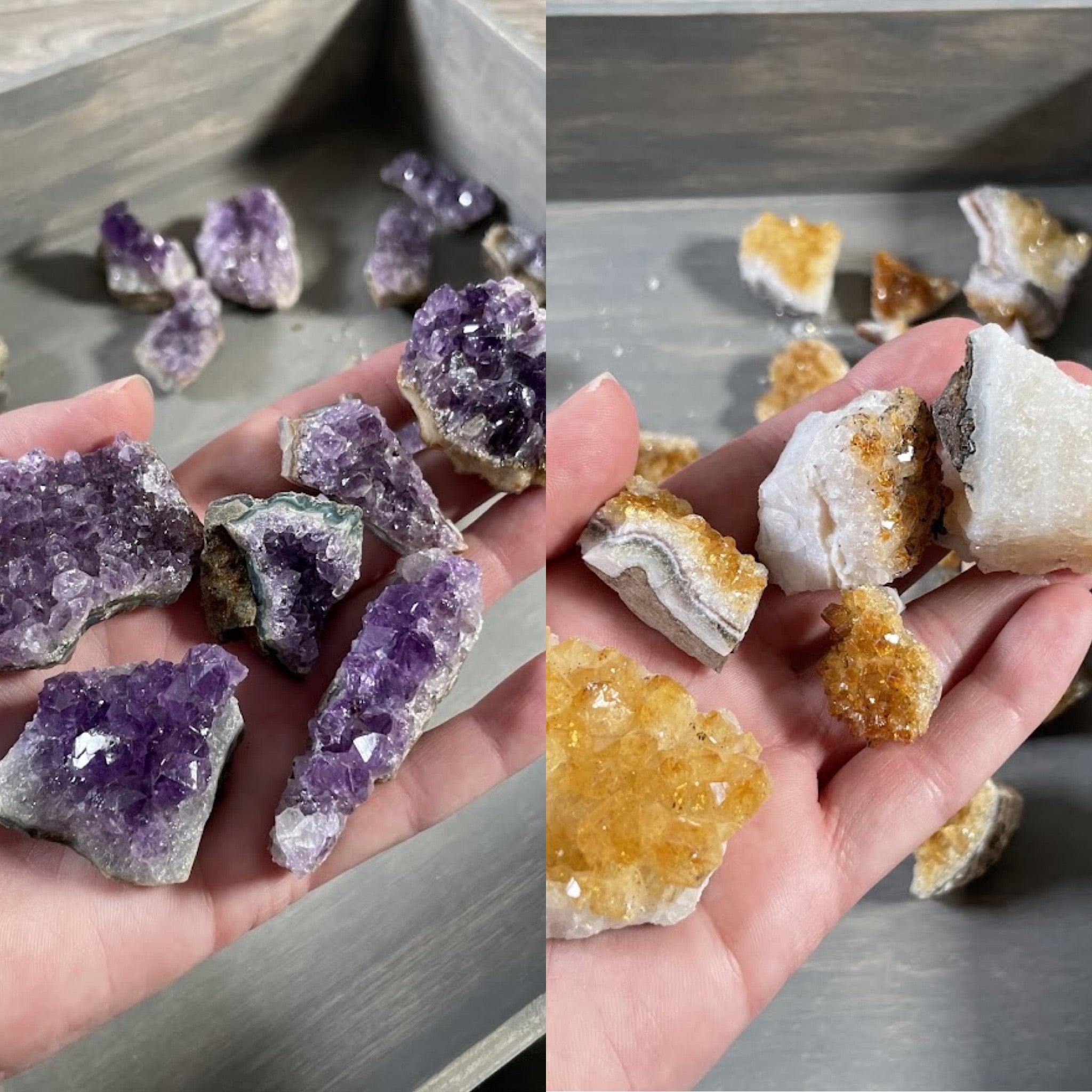 Amethyst and Citrine small clusters side by side