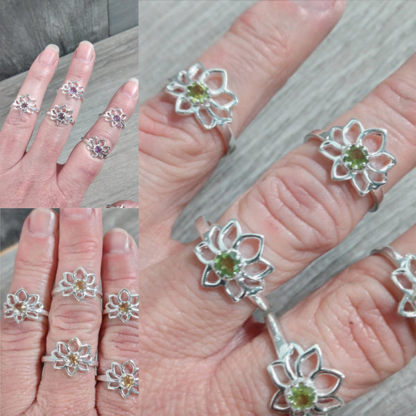 amethyst peridot and citrine daity lotus flower sterling silver rings