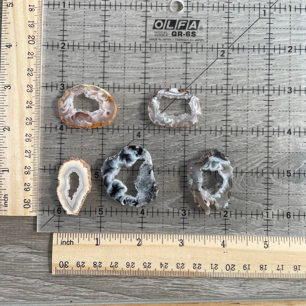 Natural druzy quartz geode slices with unique organic shapes