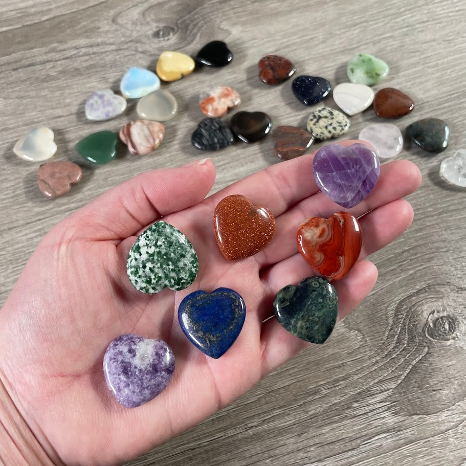 1-inch gemstone flat heart carvings assorted crystals bulk wholesale