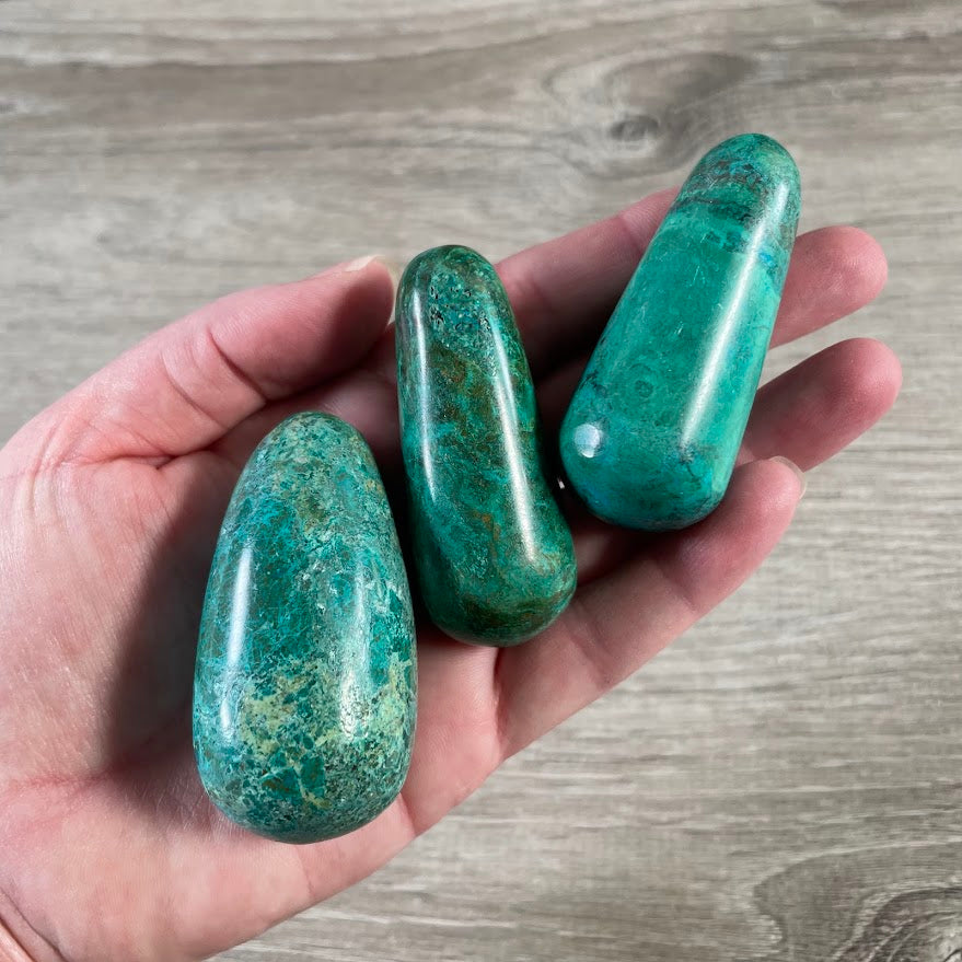 Chrysocolla round tapered wand with natural blue green gemstone patterns