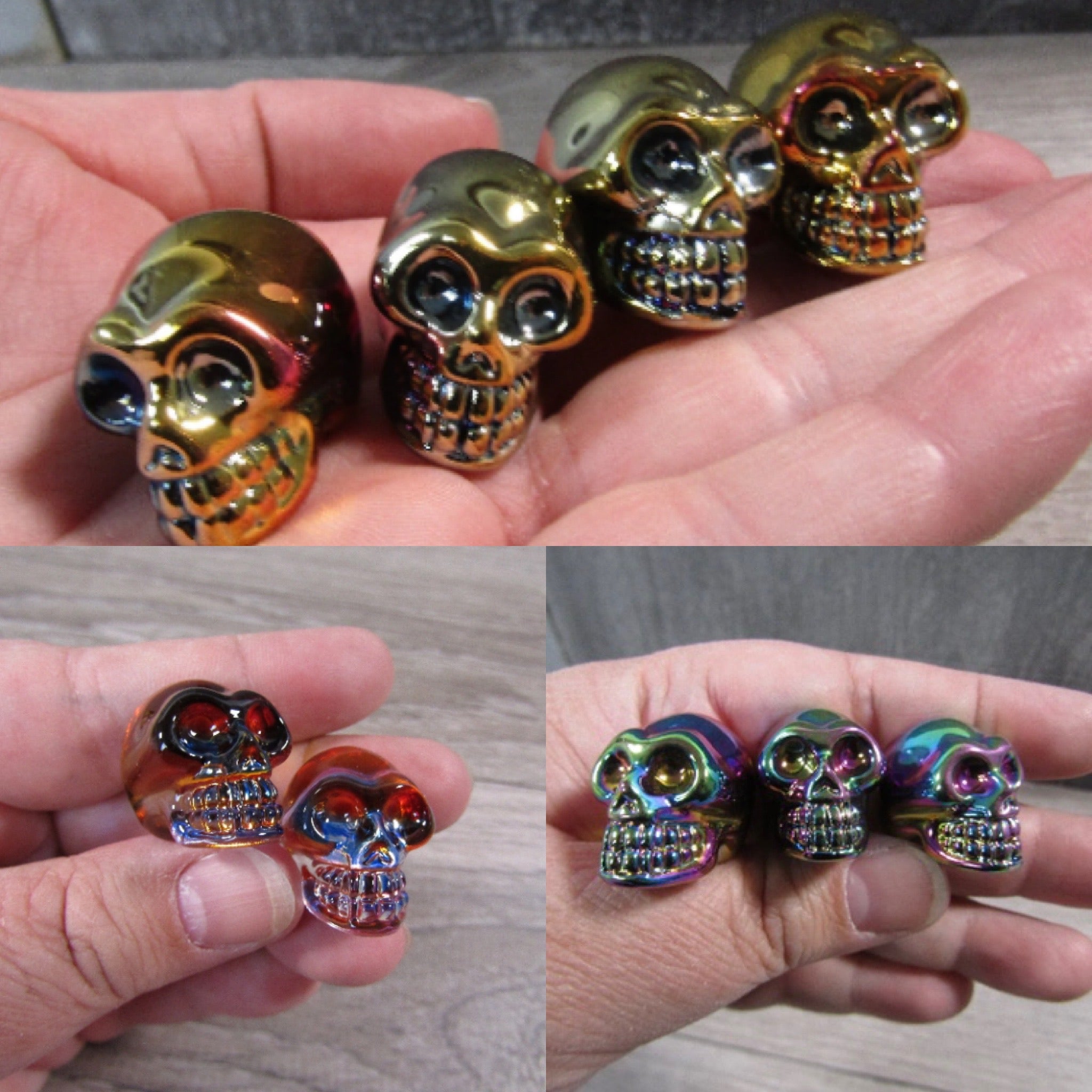 Aura electroplated glass skulls with iridescent rainbow shine - wholesale crystal décor.