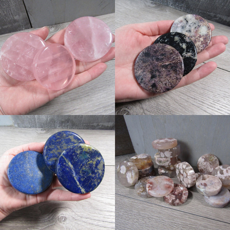 Gemstone disks in charoite, lapis lazuli, rose quartz and flower agate for energy work