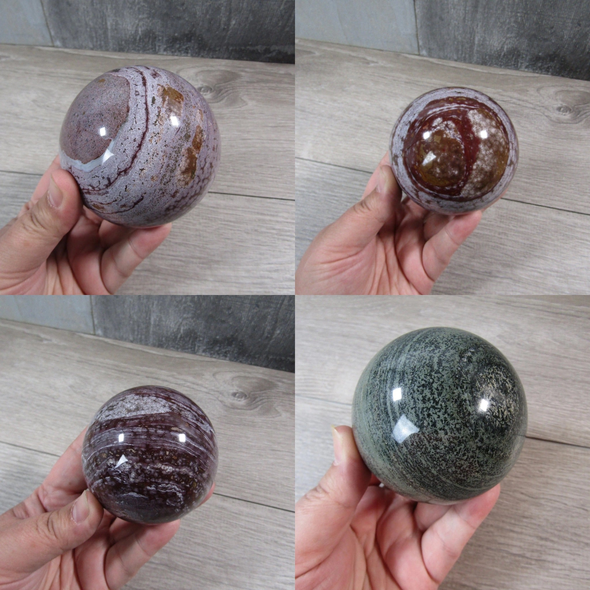 Vibrant large ocean jasper spheres showing detailed layers 