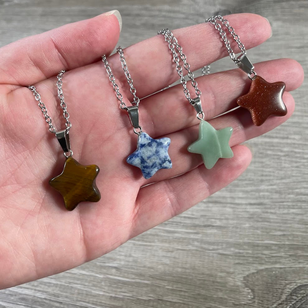 Assorted gemstone star pendant necklace with stainless steel chain for wholesale crystal jewelry